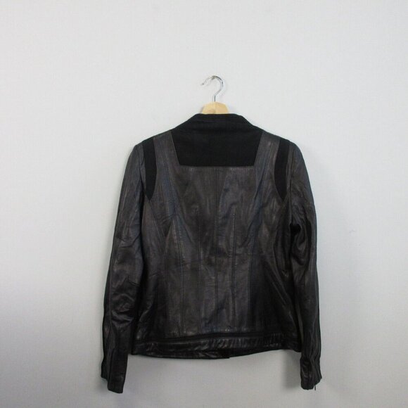 Tahari Leather Wrap Jacket Women M Black Moto Asymmetrical Biker Grunge 844 - Picture 2 of 16